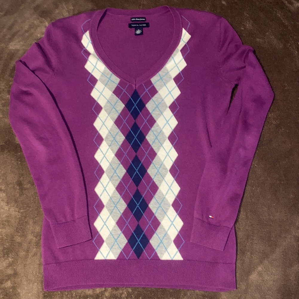 Tommy Hilfiger Pima Cotton V Neck Argyle Long Sleeve Sweater
